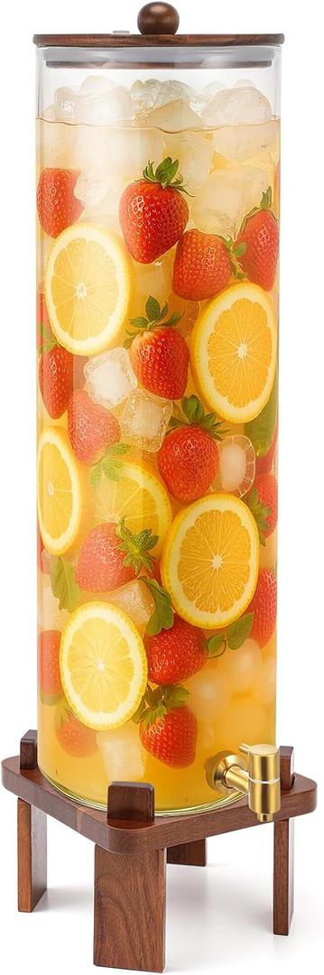 FillTouch 1 Pack 5 Gallon Glass Drink Dispenser with Acacia Wood Stand and Lid, Large Glass Beverage Dispenser with Spigot Perfect for Juice, Tea, Sangria, Lemonade, Weddings, Party, Outdoor Events