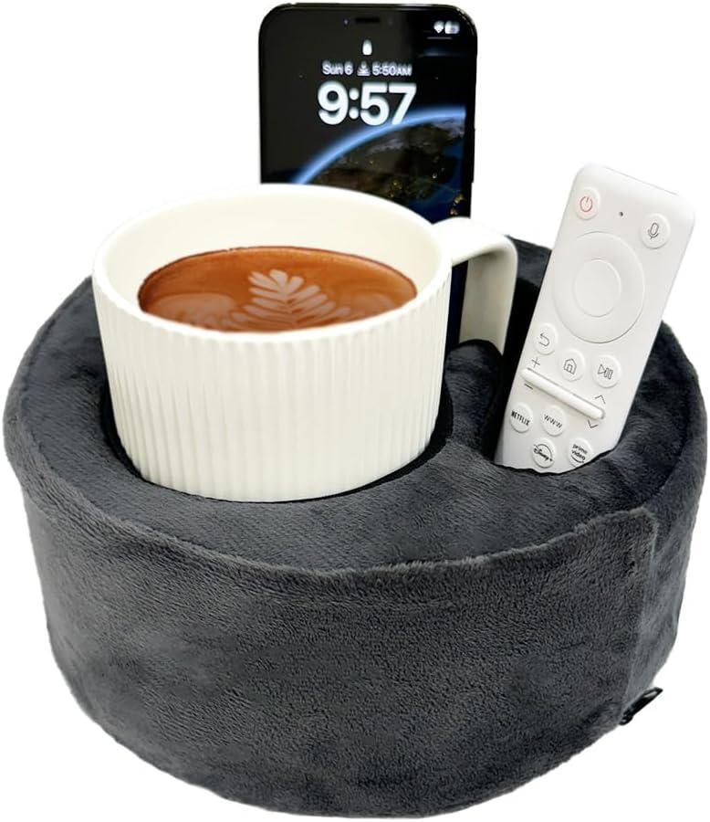 Couch Cup Holder Pillow, Sofa and Bed Organizer Caddy for Drinks, Remotes, Phones (Gray)