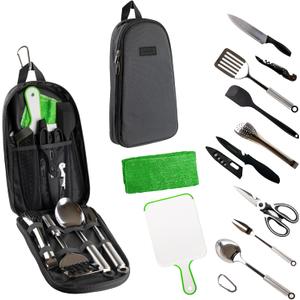 Life2Go 12 Piece Camp Cooking Utensil Set & Outdoor Kitchen Gear Cookware Kit, Portable Compact Carry Case for Camping, Hiking, Travel, BBQ Grilling Stainless Steel Accessories Spoon & Fork, Gray