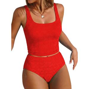 ZAFUL Womens Tankini Swimsuits Two Piece Tummy Control Bathing Suits Textured Tankini Swim Top with High Waisted Bottom (Red, M)