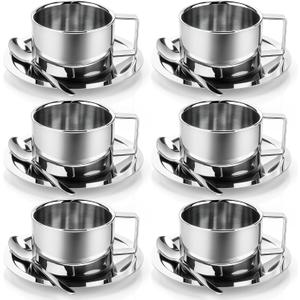 6 Pack Stainless Steel Coffee Cups Set, 7oz Insulated Espresso Cups with Spoon and Saucer, Double Walled Coffee Mugs for Latte, Tea, Milk, Cappuccino