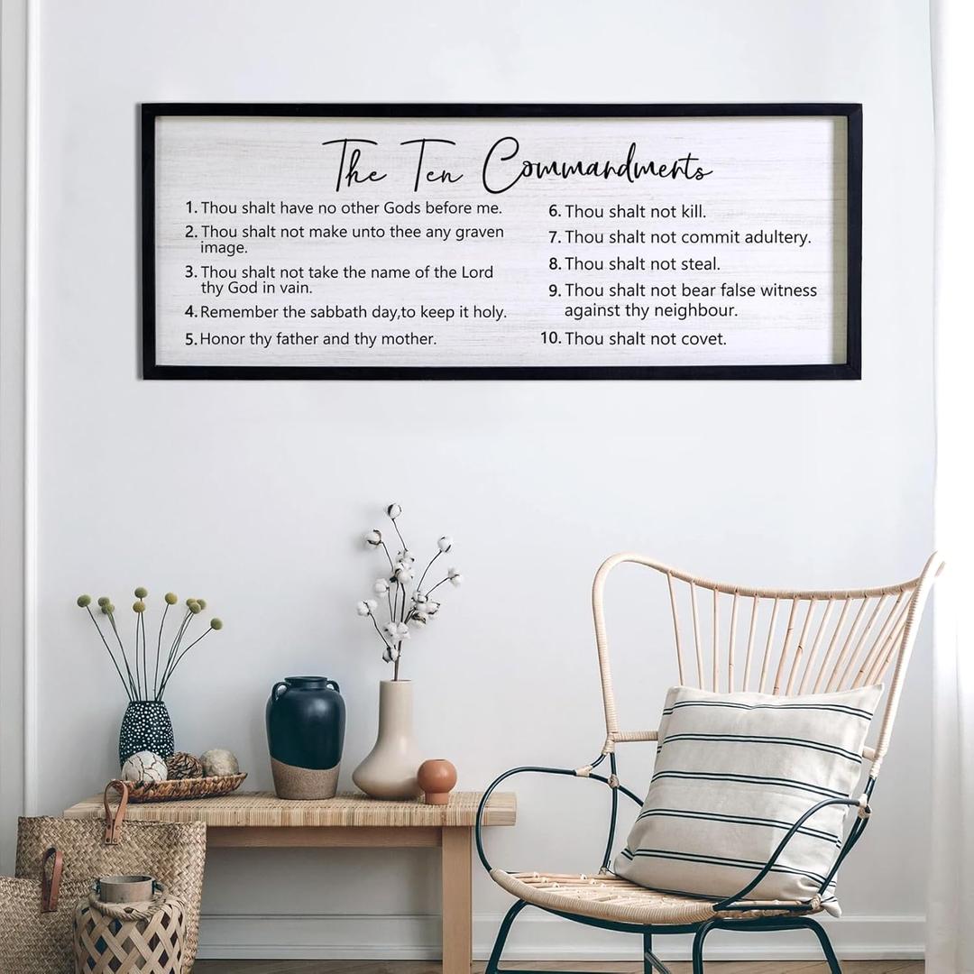 The Ten Commandments Rustic Bible Verse Framed Wall Art, 40''×15'' Positive Religious Christian Saying Sign for God Jesus Christ Prayer, Vintage Horizontal Holy Inspirational Catholic Scripture Decor