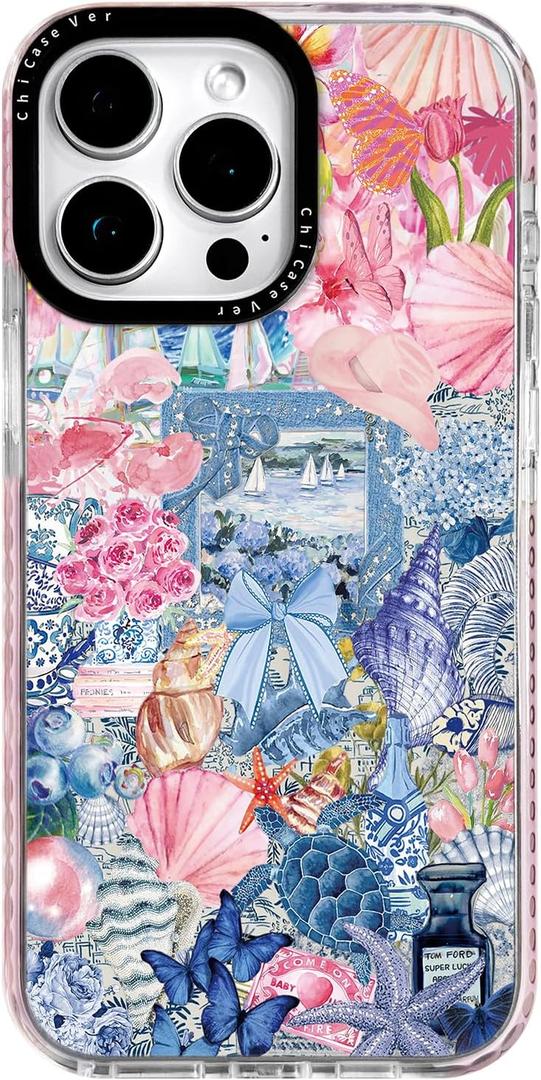 for iPhone 13 Pro Max Case, Coastal Vintage Collage Pattern, Military-Grade Drop Protection, Vintage Coastal Soft Slim TPU Protective Cover with Camera Protection for Women & Girls