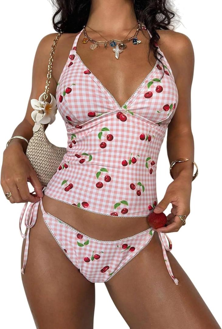 ZAFUL Tankini Swimsuits for Women Halter V Neck Plaid Tummy Control Bikini Swimsuit Tie Side 2 Pieces Bathing Suit (Pink, L)