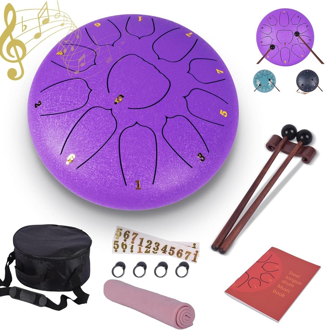 Steel Tongue Drum - 10 Inches 11 Notes Rain Drum - Metal Hand Pan Drum for Adults/Kids with Music Book, Handpan Mallets and Carry Bag, C Major Musical Instruments(Lavender Purple)