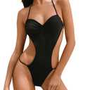HYPERFIRE Women's Halter V Neck Bathing Suit Ruched Bust High Cut Monokini Swimsuits One Piece Black Medium (Black, M)
