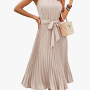 KIRUNDO Women's 2026 Summer Sleeveless Halter Neck Pleated Midi Cocktail Dresses A Line Flowy Beach Sun Dress with Belt, Beige, Size S
