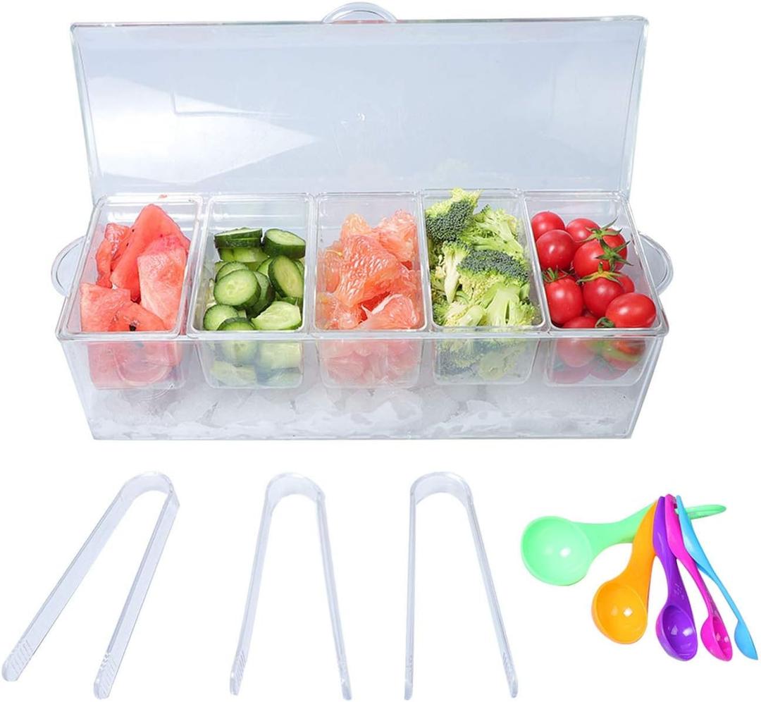 MorTime Ice Chilled Condiment Server with 5 Removable Compartments, Clear Sauce Caddy Serving Tray Container with Lid, Set of 5 Serving Spoons & 3 Tongs Included