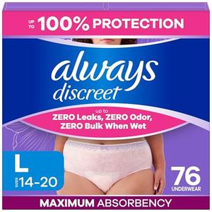 Always Discreet Adult Diapers for Women, Incontinence Underwear, Postpartum Essentials, Disposable Briefs, Max Absorbency, Bladder Leak Protection, Large, 76ct