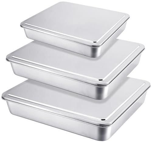 Tioncy 3 Set Stainless Steel Cake Pan with Lid 13/11/9 Inch Rectangle Sheet Baking Pan with Covers Bakeware with Lids for Cakes Breads Casseroles Fish Vegetables and More