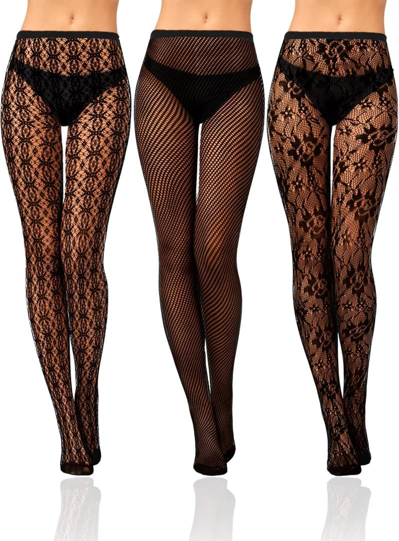Bencailor 3 Pairs Christmas Women Fishnet Stocking Floral Tight Legging Stockings Small Hole High Pantyhose Waist Lace (Medium, Black)