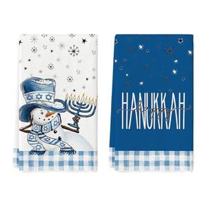 Funny Jewish Holiday Kitchen Towel, Happy Hanukkah Menoprah Jewish Holiday Towel, Hostess and Housewarming Gift, Blue and Gold Handmade Dish Towel (Menorah Happy Hanukkah)