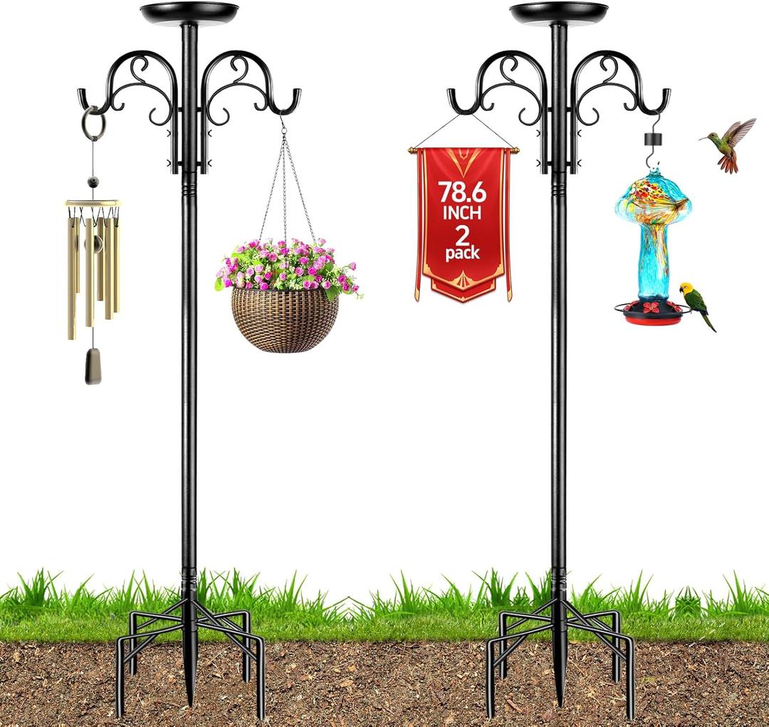 Double Shepherds Hooks for Outdoor Heavy Duty, Adjustable Shepherds Hook, 2 Pack 77 inch with 5 Prongs Base, Garden Hooks for Hanging Bird Feeders, Hanging Plants, Solar Light Lantern