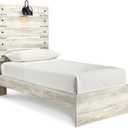 Signature Design by Ashley Cambeck Farmhouse Twin Panel Bed with Sconce Light and USB Ports, Foundation or Box Spring Needed, Whitewash