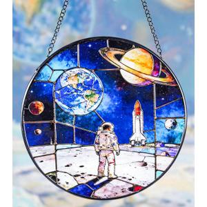 Stained Glass Window Hanging Suncatchers with Armstrong's Moon Landing 12.6", Vibrant Glass Panel with Metal Chain for Home Decor Gift for Women Mother's Day, Birthday, Men, and Mom