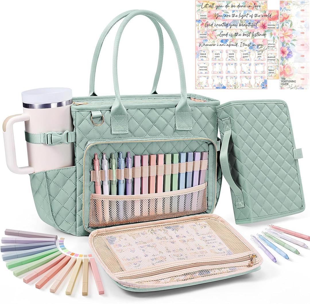 Large Bible Bag with Bible Cover Case for Women, Quilted Church Tote Bag Carrying Case w/Shoulder Strap Bible Study Supplies Journaling Kit Accessories Mothers Day Christian Gift for Women Mom Teacher