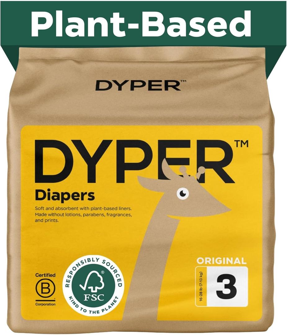 DYPER - Baby Diapers Hypoallergenic Cloth Alternative Day & Overnight Protection - Made with Plant-Based* & Honest Ingredients - Size 3 (28 Count)