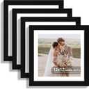 12x12 Picture Frame Set of 4 - Made of Glass and Black Wooden Frame, Display Square Pictures 10x10 with Mat or 12 x 12 without Mat, Desktop & Wall Collage Photo Frame