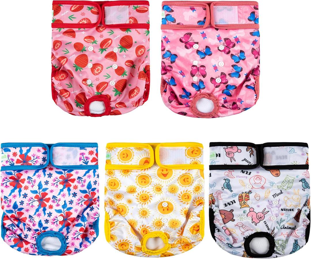 wegreeco Female Dog Diapers, Washable Reusable Pet Puppy Doggie Diapers for Small Medium Large Female Dogs in Heat Period, Doggy Period Panties Large, Strawberries (Large (Pack of 5))