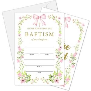 2 x Baptism Invitation Card, Blush Pink Floral And Bow Christening Invitations For Girls, First Holy Communion Fill In Invites, Religious Celebration Decorations Baby Shower Supplies, 08