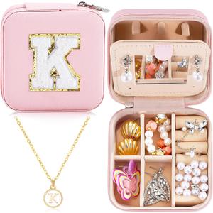 Teacher Appreciation Gift for Women 2024 Travel Jewelry Case Initial Jewelry Organizer Small Jewelry Box Personalized Back to School Gift Trendy Stuff Necklace Earrings Ring Box (Pink K)