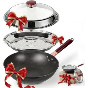 Kseroo 13-Inch Carbon Steel Wok Pan with Lid: Professional Woks & Stir-Fry Pans Nonstick with Steamer, Large Deep Flat Bottom Cookware, Works on All Cooktops, Stay-Cool Handle, Ideal Kitchen Gift
