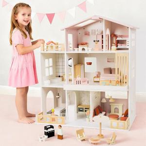 Fabuday Modern Wooden Dollhouse for Kids Girls - 8 Rooms Doll House Playset, DIY Pretend Toy Play Houses Kits with 81 Pcs Furniture Accessories, Dolls & Pets, Gift for Toddlers Ages 3+, Small