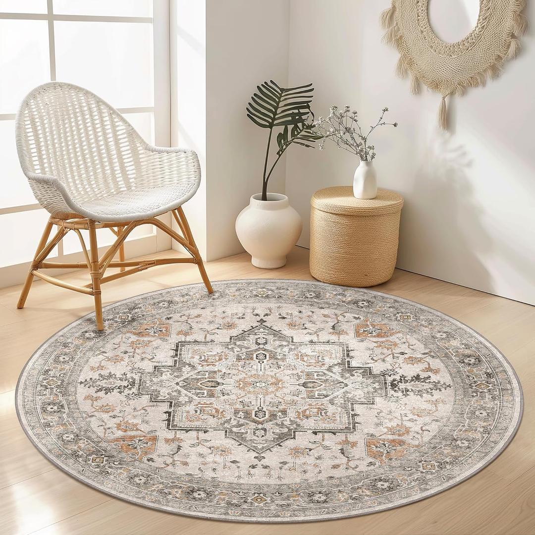 GENIMO 4FT Round Area Rugs for Living Room, Circle Rugs Machine Washable Low Pile, Chenille Non Slip Vintage Rug for Bedroom, Dining Room, Home Office, Light Taupe Brown