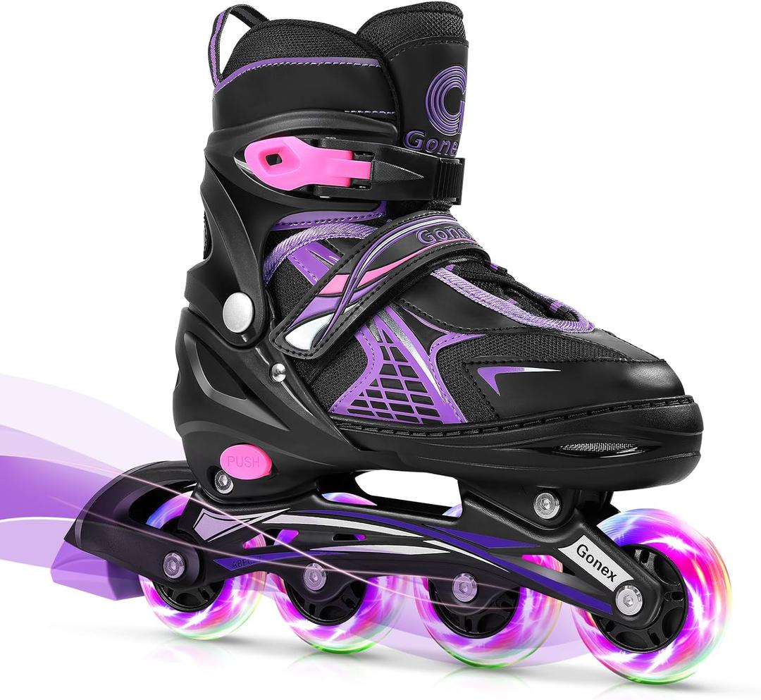 Gonex Inline Skates for Girls Boys Kids, Adjustable Skates Outdoor Blades Inline Roller Skates for Children Teens Women with Light Up Wheels for Indoor Outdoor Backyard Skating (L - Youth (4Y-7Y), Purple)