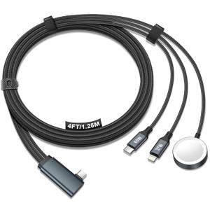 Travel Essentials for Apple Watch Charger,iPhone Charger,3 in 1 Type C(60W)/L(27W)/Magnetic Super Fast Charging Cable,Multi Charging Cable Portable for iWatch Series,iPhone 17-11,S26-S21,Car-4FT