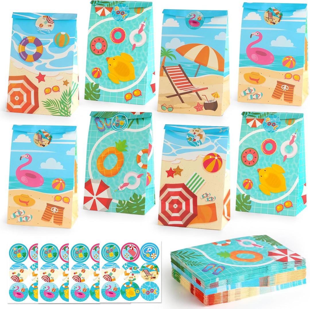HEJIN 30 PCS Pool Party Favor Bags with 36 Stickers, Summer Gift Bags Pool Party Decorations Supplies for Kids, Mermaid Goodie Bags Beach Gifts for Birthday, Baby Showers, Wedding