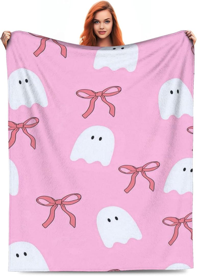 Halloween Throw Blanket Cute Pink Ghost Boo & Bow Queen Size Blanket for Girls Women Soft Plush Cozy Warm Blankets for Couch Bed Sofa Living room Bedroom Decor 50"x60" Sweet Throws (Halloween Style 10)