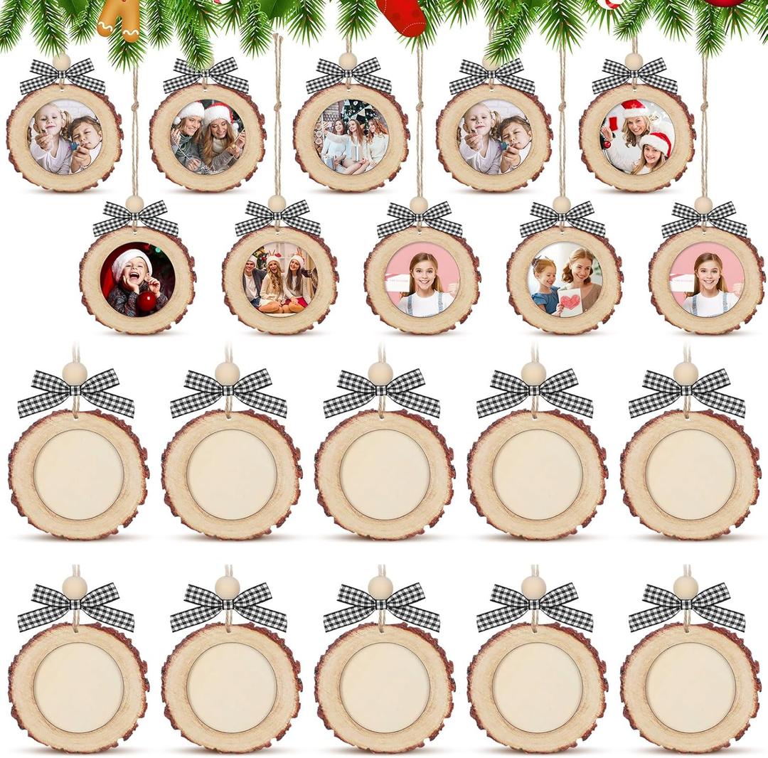 Wonderjune Round Picture Frames wooden Christmas Picture Frame Ornaments for Christmas Tree Hanging Photo Ornaments Using My Own Photos (Black and White,Bow)