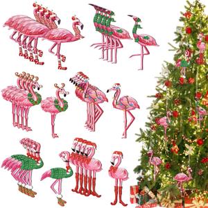 36 Pcs Flamingo Christmas Tree Ornament,Pink Hanging Ornaments Gift Wooden Christmas Tree Decorations with Flax Ropes for Xmas Home Office Party Holiday Decor (Flamingo)