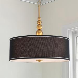 Shrine Lighting Drum Chandeliers, Farmhouse Style, Perfect Drum Pendant Light for Dining Room, D20'' x H7'', Adjustable Chains 59'', E26*3 Sockets, Black Linen Fabric Lampshade & Gold Rod