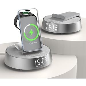 Alarm Clock Charging Station for Bedrooms, Wireless Charging Station with Dimmable Night Light Bluetooth Speaker, Wireless Charger for iPhone 17 16 15 14 13 12 Pro Max, iWatch 11 (Grey)