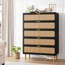 GarveeHome Rattan 5 Drawer Dressers for Bedroom, Tall Dresser with Deep Drawers, Large Chest of Drawers for Closet with Wide Top, Long Wooden Dresser for Living Room, Hallway, Kids Room, Black (31.5"D x 16.1"W x 47.2"H (5 Drawers))