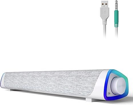 SOULION R30 Computer Speakers, USB Powered 3.5mm AUX Small PC Speakers, Colorful LED Lights with Switch Button, Surround Sound Portable Computer Sound Bar Speaker for Desktop Laptop White