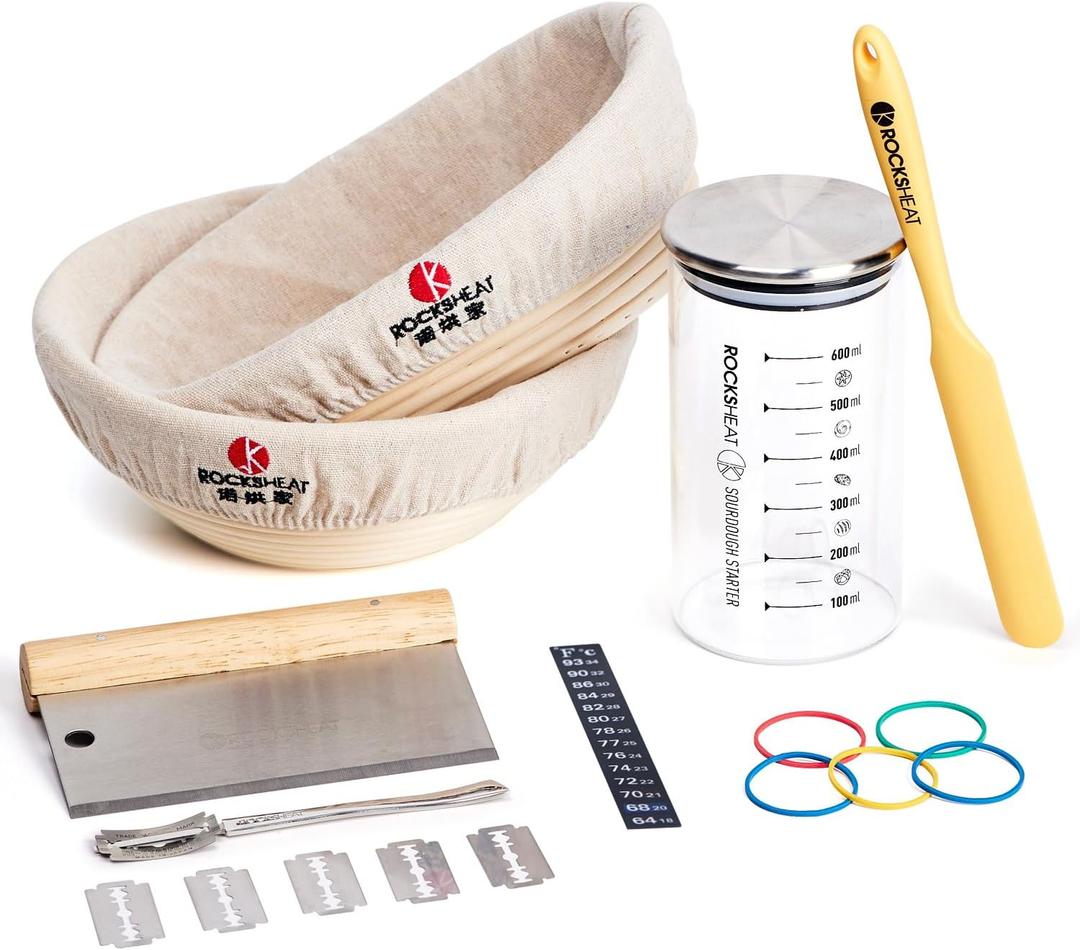 Banneton Bread Proofing Basket Set, Sourdough Starter Kit and Baking Tools - 9 Inch Round & 10 Inch Oval Baskets, 600ml Starter Jar, Bread Lame