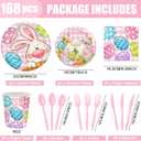 168PCS Easter Party Supplies Easter Egg Party Decorations with Pink Plaid Bunny Paper Plates and Napkins Cups for Spring Themed Easter Birthday Party Serves 24