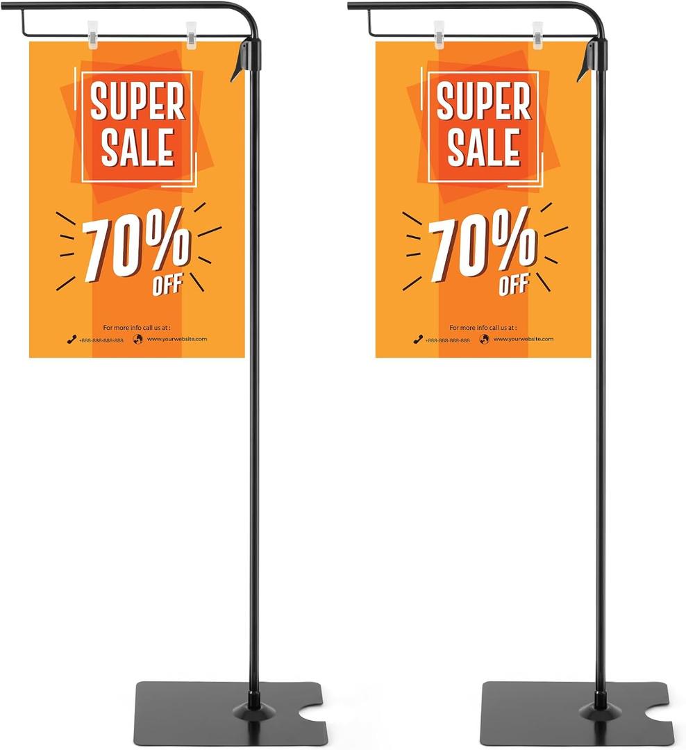 Blulu 2 Pcs Adjustable Hanging Poster Stand Sign Holder 43-87 Inch Pallet Floor Standing Poster Display Black Heavy Duty Double Sided Clip on Mobile Banner Stand with Base for Outdoor Hanging Display