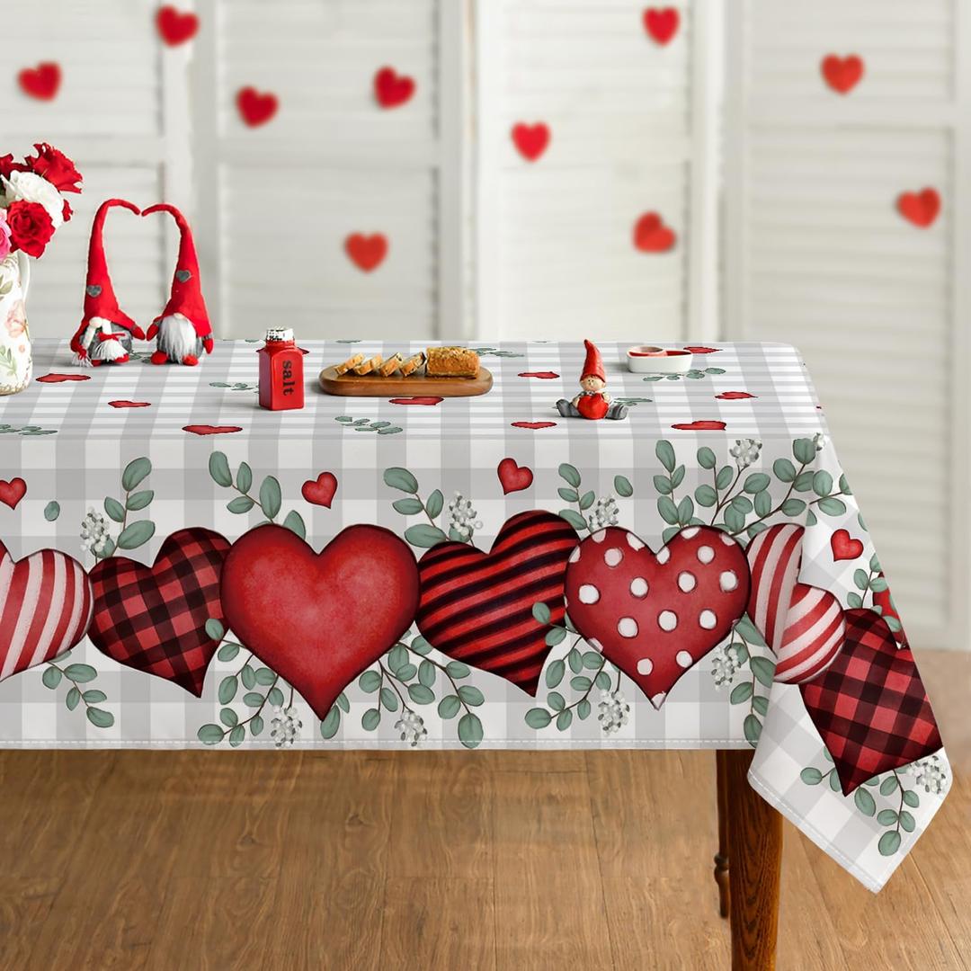 Horaldaily Valentine Tablecloth 5270 Inch Rectangle, Buffalo Plaid Red Love Hearts Washable Table Cover for Party Picnic Dinner Decor
