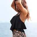 Womens Tankini Swimsuits Ruffled Tank Top Tummy Control Floral Modest Swimwear High Waisted Bikini (Black, XL)