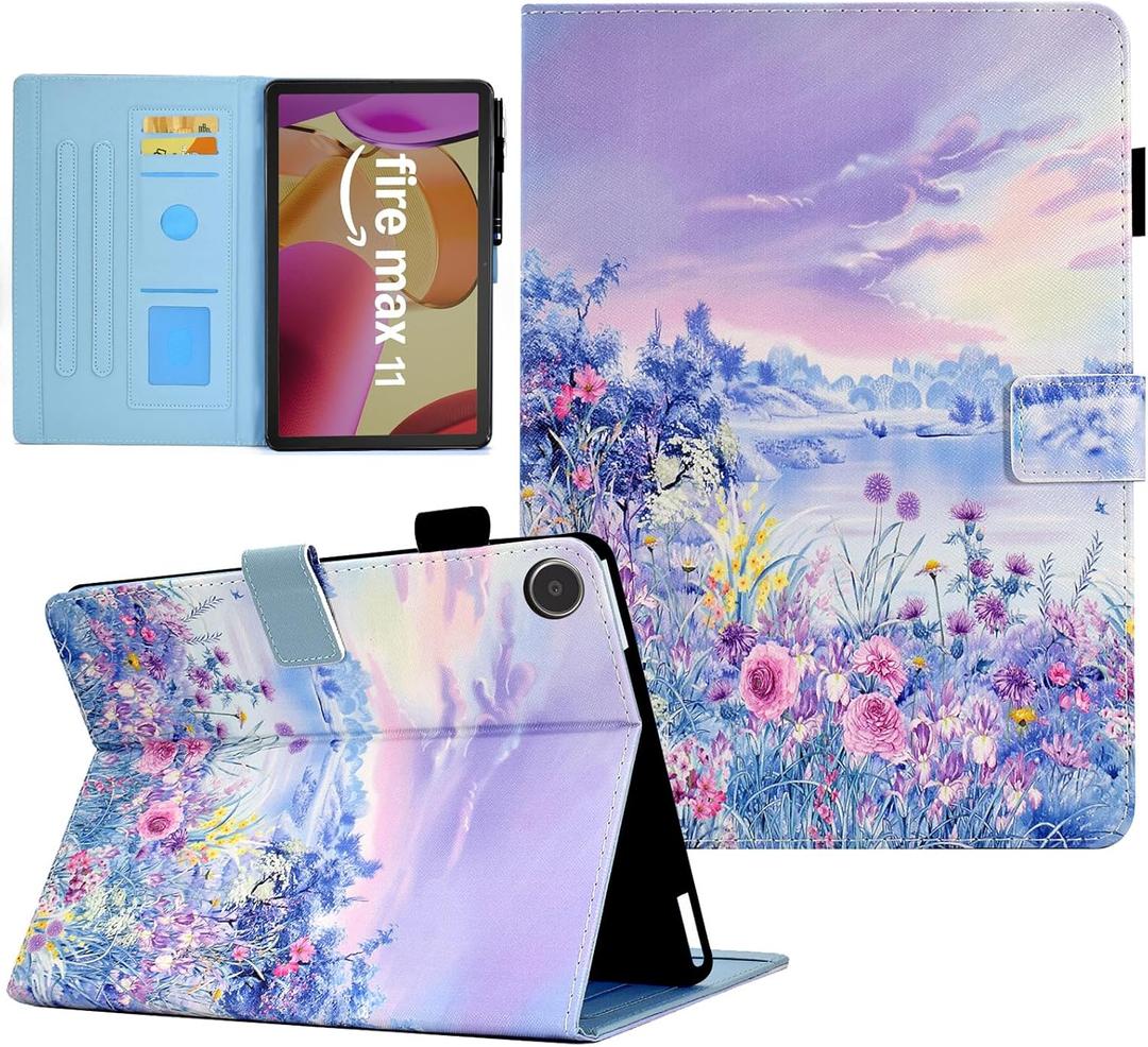 Funut for Amazon Kindle Fire Max 11 Tablet Case (13th Generation, 2023 Release), Premium PU Leather Folding Stand Cover Case for Kindle Fire 11 Tablet with Auto Wake/Sleep,Purple Flower Sea
