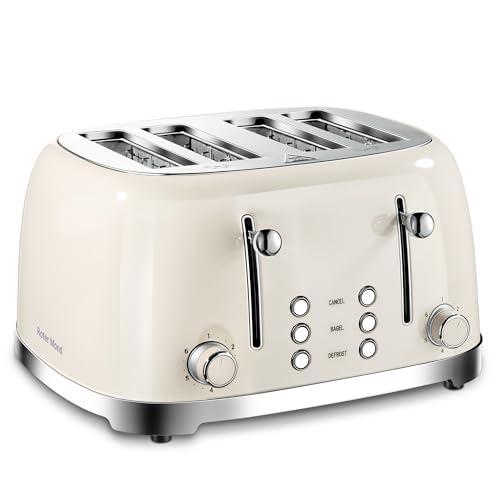 4 Slice Toaster Roter Mond Retro Stainless Steel with Bagel Defrost Cancel Function, 6 Browning Settings, Extre Wide Slot and Removable Crumb Tray, Cream, ST033