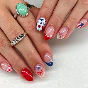 4th of July Press on Nails Medium Almond Fake Nails Red White Blue False Nails with Fireworks Star Bow Designs Cute Acrylic Nail Full Cover Acrylic Glue on Nails for Women Girls Manicure 24Pcs