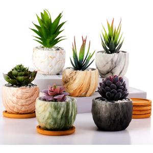 Marbling Ceramic Flower Pot 3.35 Inch Succulent Small Plant Cactus Herbs Planter Ceramic Pot with Drainage Hole Matte Round Container(6 Pcs,Elegance Style)