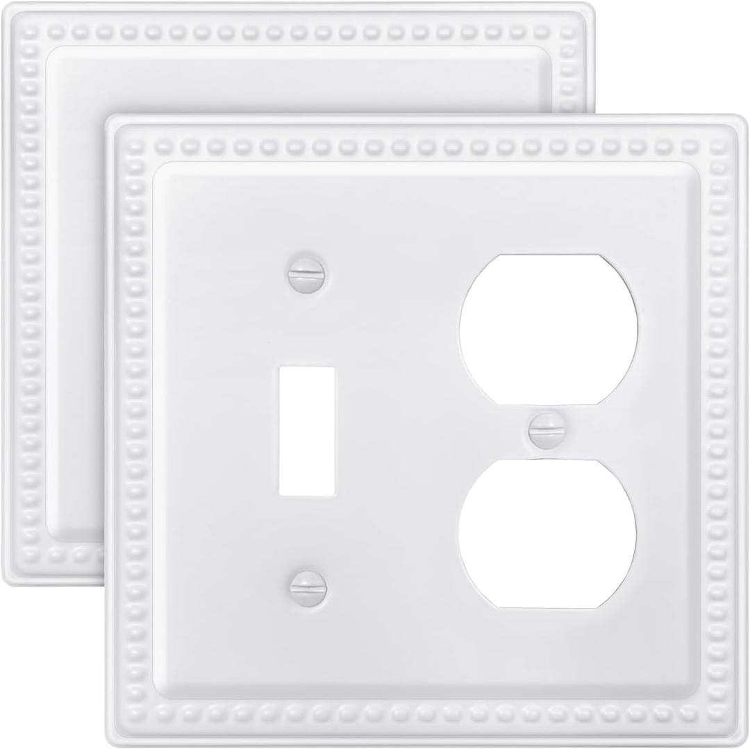 2-Pack Combination Wall Plate, 1 Toggle/1 Duplex Switch and Outlet Covers, Decorative Pure White Beaded Face Plate, 4.96''*4.88'', Midsize (1 Toggle/1 Duplex 2PK)