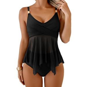 Aidonger Women Crisscross Tankini Swimsuit Two Piece High Waisted Tummy Control Swimwear Mesh Tie Back Bathing Suit (Black, M)