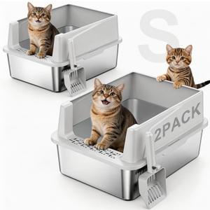FURTIME 2 Pack Stainless Steel Cat Litter Box with Lid, Metal Kitty Litter Box for Small Cats, Kitten Litter Boxs with Non-Sticky, Anti-Leakage, Easy to Clean, 17"x13"x8.4" (Small) (Silver)
